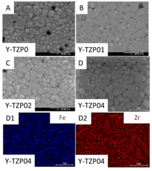 SEM micrographs of sintered Y-TZP0 (A), Y-TZP01 (B), Y-TZP02 (C) and Y-TZP04 (D) ceramics show uniform uniforms. Individual maps of iron (D1) and deacon (D2) correlated with EDXA show good homogeneity of the elements.