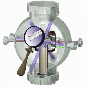 The main figure is a drawing of the laser cooling and trapping apparatus used to detect the Cs macrodimers. The magnifying glass is a cartoon that represents the idea that the apparatus is like a microscope for observing the molecules. The size is represented by the vernier in the magnifying glass. (Credit: Dr. James P. Shaffer)