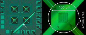 The NIST microhotplate uses its thermal efficiency in conjunction with a thermocouple to form a self-test temperature sensing system. Four microhotplates (left image) are seen with a strip of rhodium film (marked by an arrow) crossing the bottom right microhotplate. This strip makes contact with the platinum in the microhotplate structure (seen in the closeup image on the right) to form a stable thermocouple for measuring temperature. Credit: M. Afridi, NIST