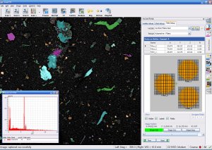 X-ray analysis and chemical classification of filtered particles from manufacturing cleanliness monitoring in the automotive industry. The major features of the X-ray spectrum indicate that the source of this contamination is derived from a bearing steel.