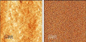 The flip-chip lamination method creates an ultra-smooth gold surface (left), which allows the organic molecules to form a thin yet even layer between the gold and silicon. Gold surfaces created by other methods are substantially rougher (right), and would result in many of the molecular switches either being smashed or not contacting the silicon. Credit: Coll Bau, NIST
