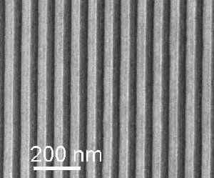 SEM image of a nanoimprinted pattern in PMMA resist. Imprint performed on a Hex03 tool from Jenoptik (M. Altana, H. Schift, INKA).