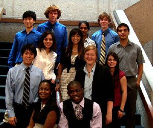 Nanobio REU 2009: First Row, l-r: INBT ed. prog. coordinator Ashanti Edwards, Olusoji Afuwape. Second Row: Lawrence Lin, Stefanie Gonzalez, Stephanie Naufel, Hannah Wilson, Amber Ortega. Back row: Chao Yin, Steven Bolger, Ranjini Krishnamurthy, Alex Federation, John Jones Molina. (Spiro/INBT)