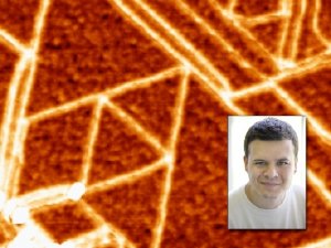 Pablo Jarillo-Herrero (inset) has won a 2009 David and Lucile Packard Fellowship. The image here shows the crystallographic structure of graphene, a novel material that Jarillo-Herrero plans to study with his Packard grant. Images courtesy of Pablo Jarillo-Herrero 