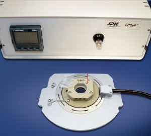 The JPK ECCell, suitable for NanoWizard and NanoWizard II AFM heads. The cell is shown together with the temperature controller unit. 