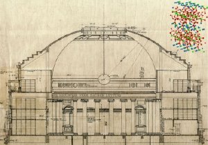 The Great Dome at MIT, shown here in an architectural draft, includes a cement liner that seals and secures the sandstone overlay. In research published earlier this year in the Proceedings of the National Academy of Sciences, a group of MIT researchers used computational materials science techniques to decode for the first time the three-dimensional structure of the basic unit of calcium-silicate-hydrate (CSH) � the paste that forms and quickly hardens when cement powder is mixed with water. An atomistic rendering of C-S-H is shown in the upper right corner of the image. 
Graphic created by KJ Van Vliet; architectural drawing supplied by M. Parkin; atomistic rendering of CSH generated by R. Shahsavari