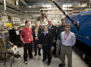 The AMO instrument scientists with the first LCLS users in the instrument hutch. From left to right: Christoph Bostedt, Steve Southworth, Linda Young, John Bozek, Steve Pratt and Yuelin Li. (Image courtesy of Brad Plummer, SLAC.