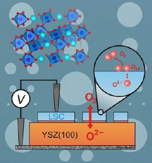 This diagram shows the experimental setup used by Prof. Yang Shao-Horn and her team. The circles in the background represent tiny thin-film electrodes made of a material called strontium-substituted lanthanum cobalt perovskite, or LSC (whose crystal structure is diagrammed at top left). The diagram shows the lab setup used to measure the catalytic activity of the LSC. The circular cutout shows how oxygen molecules (O2) are exchanged on the LSC surface. 
Illustration by postdoctoral researcher Eva Mutoro 