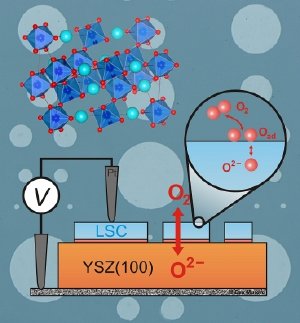 This diagram shows the experimental setup used by Prof. Yang Shao-Horn and her team. The circles in the background represent tiny thin-film electrodes made of a material called strontium-substituted lanthanum cobalt perovskite, or LSC (whose crystal structure is diagrammed at top left). The diagram shows the lab setup used to measure the catalytic activity of the LSC. The circular cutout shows how oxygen molecules (O2) are exchanged on the LSC surface.
Illustration by postdoctoral researcher Eva Mutoro