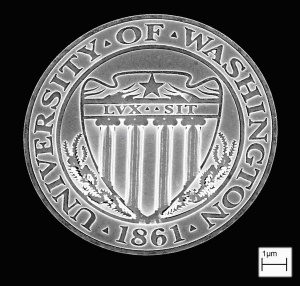 An etching of the UW seal made using an electron beam lithography machine at Cornell University. Around 100 of these seals would fit on the end of a human hair.