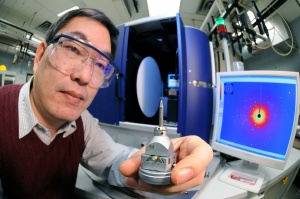 Materials engineer Duck Young Chung examines a sample of superconducting crystals before characterizing them in a X-ray diffractometer. The crystals signify the next generation of experiments utilizing neutron scattering to determine unconventional superconductivity.