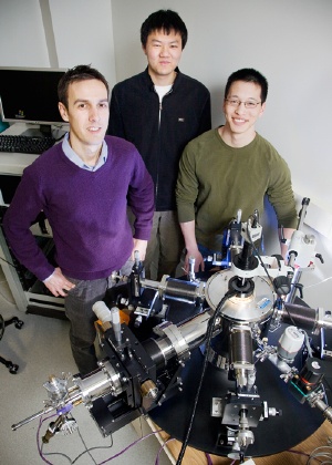 Electrical and computer engineering professor Eric Pop, from left, worked with undergraduate Yang Zhao and graduate student Albert Liao, both in ECE, to demonstrate a remarkable increase in the current-carrying capacity of carbon nanotubes. Photo by L. Brian Stauffer.