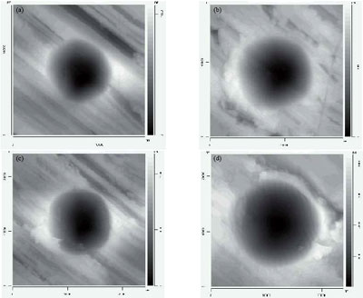 AZoNano - La A a Z de la NanotecnologÃa - imágenes de SFM de sangrados de márgenes esféricos residuales en cobre puro. Los sangrados de márgenes corresponden a los rangos de la carga del sangrado de márgenes (a) del manganeso de 10-60, (b) manganeso de 60-110, (c) manganeso de 110-160 y (d) manganeso de 210-260.