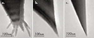 AZoNano - A からナノテクノロジーの Z - は AFM の TEM の顕微鏡写真厳密に調べます。 (a) Si の頂点で育ったカーボンスパイクはプローブをエッチングしました; (b) エッチングされた Si のプローブ; (c) ダイヤモンドの先端。