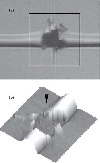 AZoNano - The A to Z of Nanotechnology - Result of transversal scratches on a typical damage area having undergone 70 cycles with an applied load of 2 mN and spherical indenter of radius 2 μm. The optical micrograph (a) clearly shows the resulting decohesion and the SFM image (b) confirms the depth at which failure has occurred.