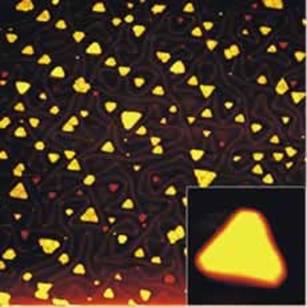 AZoNano, Nanotechnology - This Scanning Tunnelling Microscope image shows Co-Mo-S nanoclusters on Au (111). The inset image shows the predominant hexagonally truncated structure. The change in morphology from the triangular nanocluster to the hexagonally truncated Co-MoS nanocluster appears to be driven by a preference for Co to be located at the S-edge of MoS2.