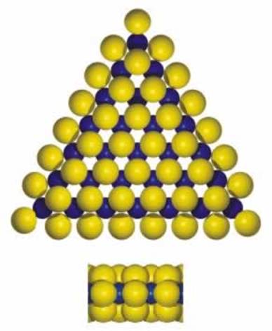 AZoNano, Nanotechnology - This graphic shows a triangular MoS2 cluster exposing Mo-edges with edge sulfur atoms located out of registry with the basal plane.