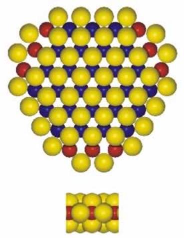 AZoNano, Nanotechnology - This graphic shows a ball model of the proposed hexagonally truncated Co-Mo-S structures. The colours are as follows: Mo(blue);S(yellow);Co(red).