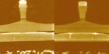 AZoNano - A à Z de Nanotechnologie - échographies actuelles de Perçage D'un Tunnel (gauches) mesurées sur une tête de lecture/écriture magnétorésistante couverte de film diamantaire mince de carbone. Image actuelle de Perçage D'un Tunnel (droite) d'une tête assimilée avec la couche défectueuse de DLC. échographies de 20ìm.