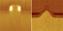 AZoNano - A à Z de Nanotechnologie - Topographie (laissée) et SCM dC/dV (droit) d'un transistor crosssectioned d'un compilateur du Pentium II. échographie de 1.25ìm