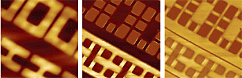 AZoNano - A à Z de Nanotechnologie - Hauteur ou topographie (laissée), amplitude de la Capacité (SCM) dC/dV (moyenne), et images de phase de la Capacité (SCM) dC/dV bonnes) (d'une cellule conventionnelle de MÉMOIRE VIVE DYNAMIQUE de Silicium. De Premières couches en métal et de diélectrique ont été corrodées pour exposer le Silicium. L'image de phase de SCM dC/dV différencie le ptype (couleur lumineuse) et (couleur sombre) les zones dopées de type n. des transistors de npn et de pnp en cellule de MÉMOIRE VIVE DYNAMIQUE alors sont de manière dégagée conçus, permettant l'extraction des paramètres critiques, par exemple, longueur pertinente de porte, et concevant des défauts. L'image d'amplitude de SCM dC/dV affiche l'importance relative de concentration de dopant : la couleur lumineuse signifie une plus grande capacité d'épuisement, et pour cette raison, des zones plus bas dopées (par exemple, zones bonnes d'implant).