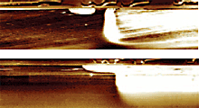 AZoNano - A à Z de Nanotechnologie - image de SCM d'un bon (haut) et défaillant dispositif (inférieur) de silicium. Les affichages d'image inférieurs un court circuit entre les deux régions dopées. échographie de 8ìm x de 2ìm.