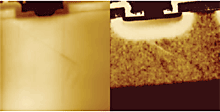 AZoNano - A à Z de Nanotechnologie - bonnes) échographies de Topographie (laissée) et de résistance (d'un transistor croix-en coupe de SI DMOS.