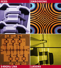 A selection of Facility photographs: Seed, Embossing, 140GHz LNA and Lasers