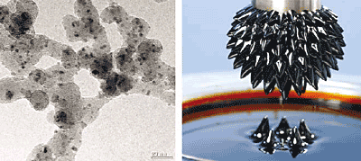 AZoNano - The A to Z of Nanotechnology - TEM micrograph of MagSilica & magnetorheological fluid attracted by an electro-magnetic field