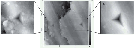 AZoNano - The A to Z of Nanotechnology - SFM images of a TiCN wear track showing 20 mN residual Berkovich nanoindentations made on the coating (a) and the transfer film (b). Note the positioning accuracy of the NHT and the differences in surface morphology between the two areas.