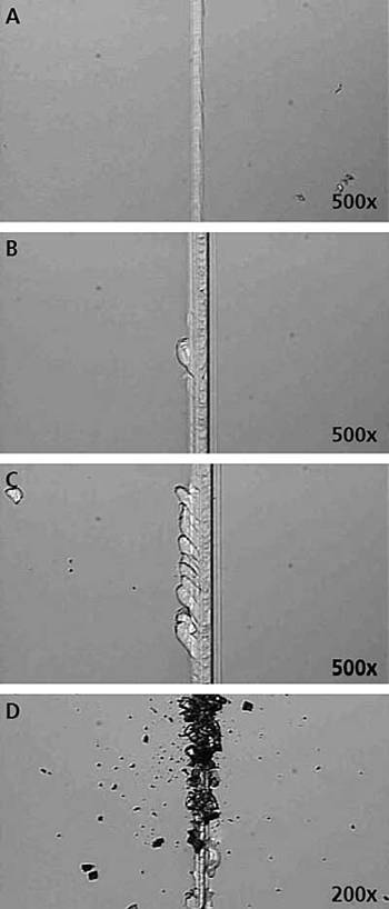 AZoNano - The A to Z of Nanotechnology - Progressive load scratch data for an SiN/SiC composite layer which exhibits four distinct and reproducible critical failure points, namely (a) first damage, (b) first cracking, (c) continuous cracking and (d) full delamination.