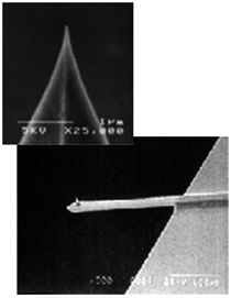 AZoNano - The A to Z of Nanotechnology - SEM micrograph of an etched single-crystal silicon AFM tip and tip/cantilever assembly