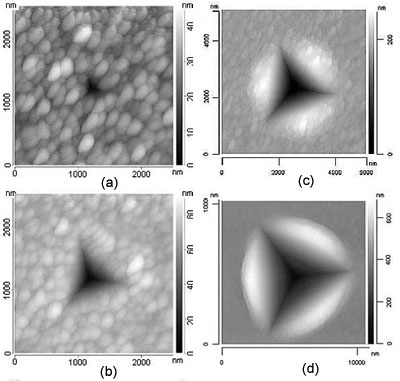 AZoNano - O A a Z da Nanotecnologia - imagens de SFM de impressões residuais para profundidades máximas (hmax) (a) de 50 nanômetro, (b) 175 nanômetro, (c) 400 nanômetro, e (d) 1225 nanômetro. A amostra é um filme titanium (espessura = 200 nanômetro) engasgado em umas 100] carcaças do Si [.