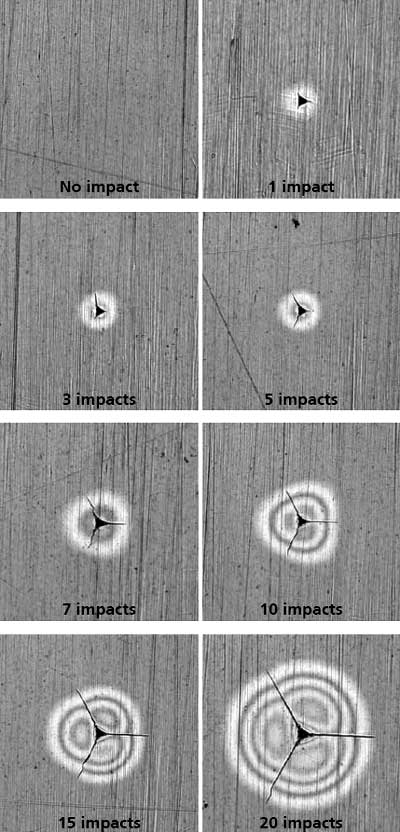 AZoNano - The A to Z of Nanotechnology - Optical micrographs of imprints in a SiN coating showing the increasing crack length as a function of number of impacts