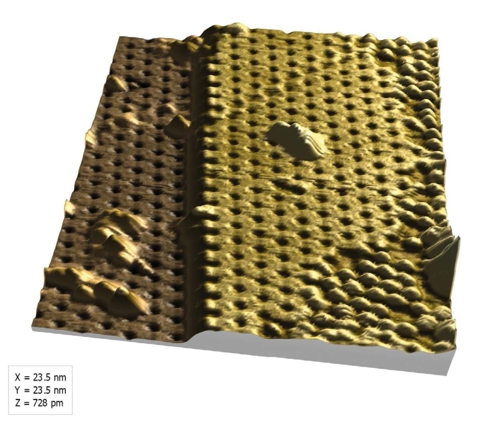 3D view of the silicene surface generated in MountainsMap® showing an atomic step and typical "honeycomb" structure.