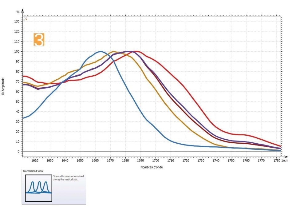Comparison of these four points with collagen reference spectra (blue), showing phase shift to the right. Data displayed in new Normalized view.