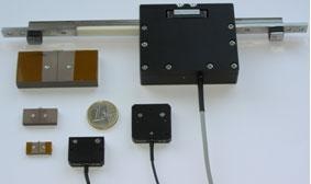 Linear actuators measuring 18x8x3mm, 25x12x4mm, and 60x9x28mm with the corresponding linear motors.