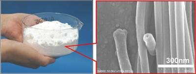 AZoNano - The A to Z of Nanotechnology - White solid powders (weight = 100 g) consisting of organic nanotubes (mean outer diameter = 80 nm, and mean inner diameter = 60 nm), and (right) a scanning electron micrograph of the nanotubes we have developed.