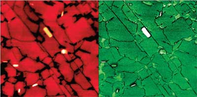 Topography (left) and phase image (right) of a C60H122 monolayer self-assembled on graphite. Both images clearly show self-assembled domains, each of which is composed of parallel lines. Image size 1.5ìm. Closed loop active.