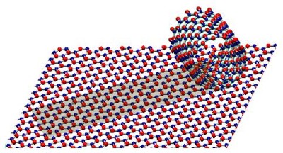 Structural models of a BN monoatomic sheet and a single-shelled BN nanotube. Alternating B and N atoms are shown in blue and red.