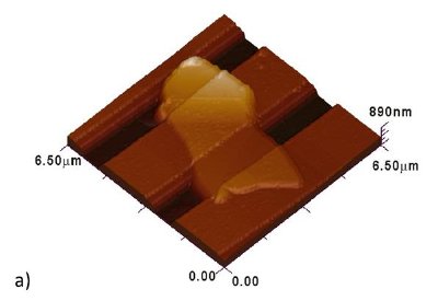 (a) AFM topography image of a Ti/Au contacts-clamped BN nanosheet placed under the trench of a Si/SiO2 substrate; and (b) The measured bending modulus of BN nanosheets as a function of their dimensions.7