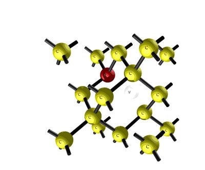 The nitrogen-vacancy (NV) centre in diamond consisting of a N-atom and lattice vacancy in C3v symmetry. This "optically active" colour centre absorbs UV-Vis light, and emits in the Vis-NIR region of the electromagnetic spectrum. It has near unity quantum efficiency and is the ideal building block for a range of quantum and biological technologies.