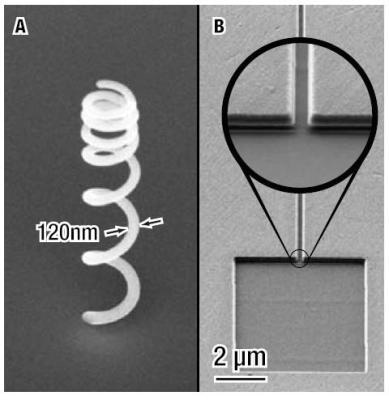 A: 600 nm diameter FIB-deposited 3D coil. B: Reservoir and a nano-channel 20 µm long and 200 nm in width. Real-time visualization while milling allows a smooth, flat-bottomed transition from channel to reservoir.