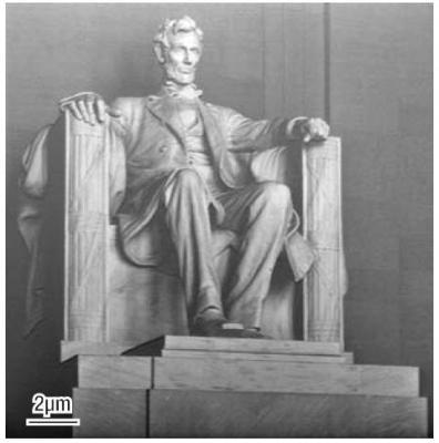 A FIB grayscale rendering of the Lincoln Memorial, patterned into silicon. An unmodified photograph was used as the data source. The total patterning time was approximately ten minutes.