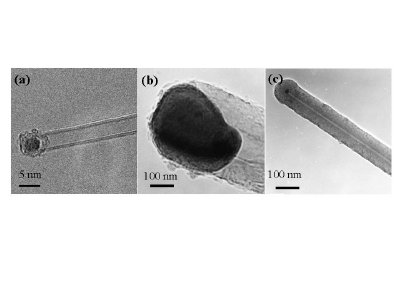 presence of catalytic particles at the ends of the tubes.