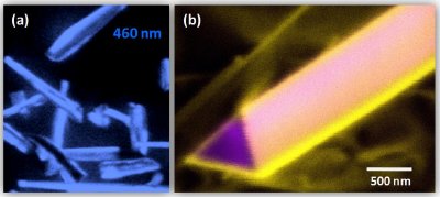(a) Cathodoluminescence (CL) image showing blue light emission from GaN/InGaN core-shell nanowires; (b) CL image showing defect-related yellow luminescence from the surface region of a GaN nanowire.