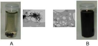 Unstable (a) and stable (b) dispersion of multi wall CNTs