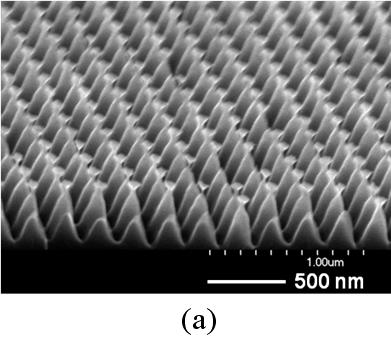 Scanning electron microscope (SEM) images of 3-D nanostructures of various sidewall profiles and tip sharpness created on silicon substrates1,2. Well-regulated nano-periodic structures with superior control of the structural three-dimensionality can be conveniently created on a large sample area (up to 4"x4" substrate) by combining the Bosch DRIE process with a laser interference lithography. The laser interference lithography can define a uniform array of photoresist nanopatterns (line, pillar, or holes), where a pattern periodicity is determined by the laser wavelength and the angle between two interfering beams. The nanostructures shown in the figures are tall pillar structures (~500 nm in height) in a square array of ~200 nm in periodicity.