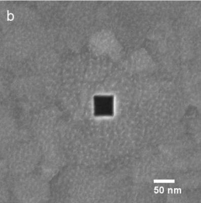 Square vias being created in 100 nm thick Au. Size in a) is 100 nm, size in b) is 50 nm.