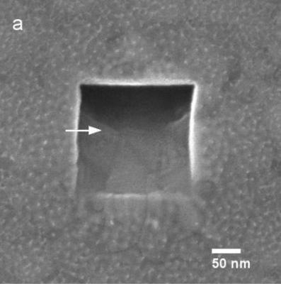 Cross section method for determining milling endpoint. a) creation of cross section face, b) machining of vias (top-down, inset) and observation on tilted sample.
